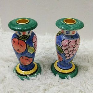 Set of Two Hand Painted Ceramic Candle Holders by Bella Casa